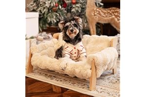 CHEERHOME PETS Raised Cat Couch Bed for Indoor Cats, Elevated Dog Sofa Recliner Fluffy Pet Lounge Chair Suitable for Small and Medium Dog, Wooden Cat Furniture(Cat Sofa Khaki)