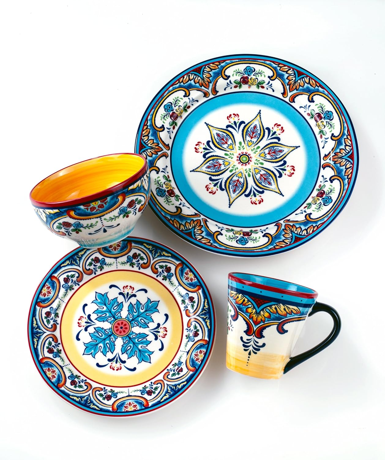 Euro Ceramica Zanzibar Collection 16 Piece Dinnerware Set Kitchen and Dining, Service for 4, Spanish Floral Design, Multicolor, Blue and Yellow: Dinnerware Sets: Kitchen & Dining