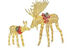 Yaheetech 2-Piece Christmas Moose Family, Lighted Outdoor Christmas Moose Deer Decoration Set w/ 170 Warm White LED Lights/Ground Stakes/Zip Ties for Front Yard, Porch, Indoor Decor Gold