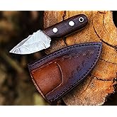 ANCILLA Handmade Damascus Hunting EDC Camping Deer Knife - Full Tang Fixed blade Mini Pocket Cowboy Neck knife for Bushcraft, Camping and Skining with leather sheath Holster - Predator Hunter Viking Blade - Ideal Viking Gift for Men