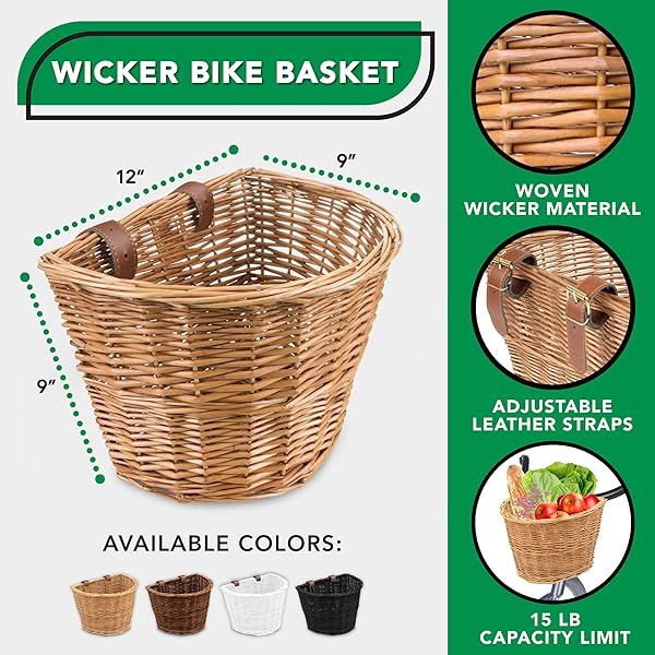 PROSOURCE WICKER BIKE BASKET FRONT CARGO FOR WOMEN AND MEN, FITS MOST BICYCLES, BEACH CRUISERS, STATIONARY EQUIPMENT, AND EBIKES, LIGHT BROWN