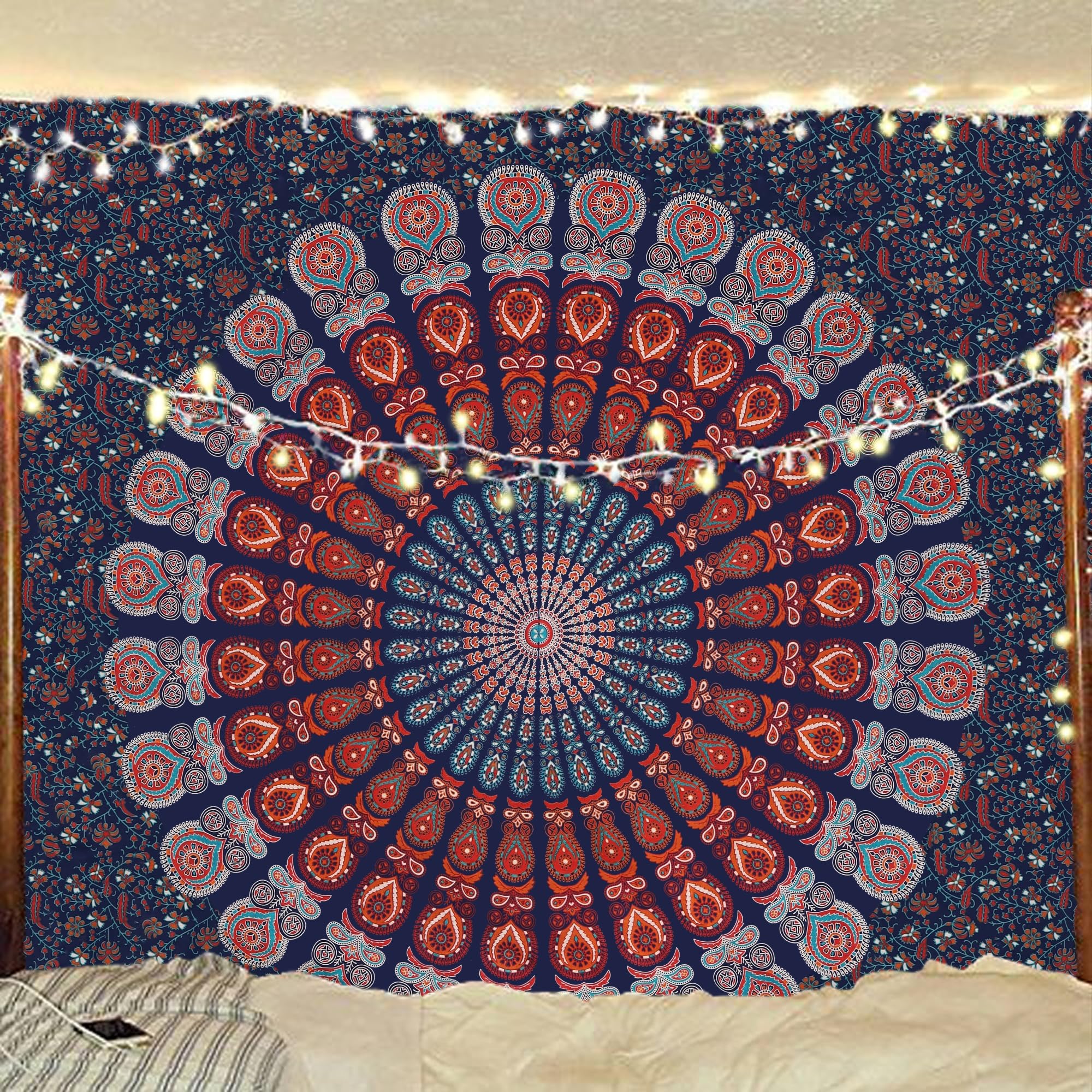 Bless International Indian hippie Bohemian Psychedelic Peacock Mandala Wall hanging Bedding Tapestry (Golden Blue White, Queen (84x90Inches)(215x230Cms))