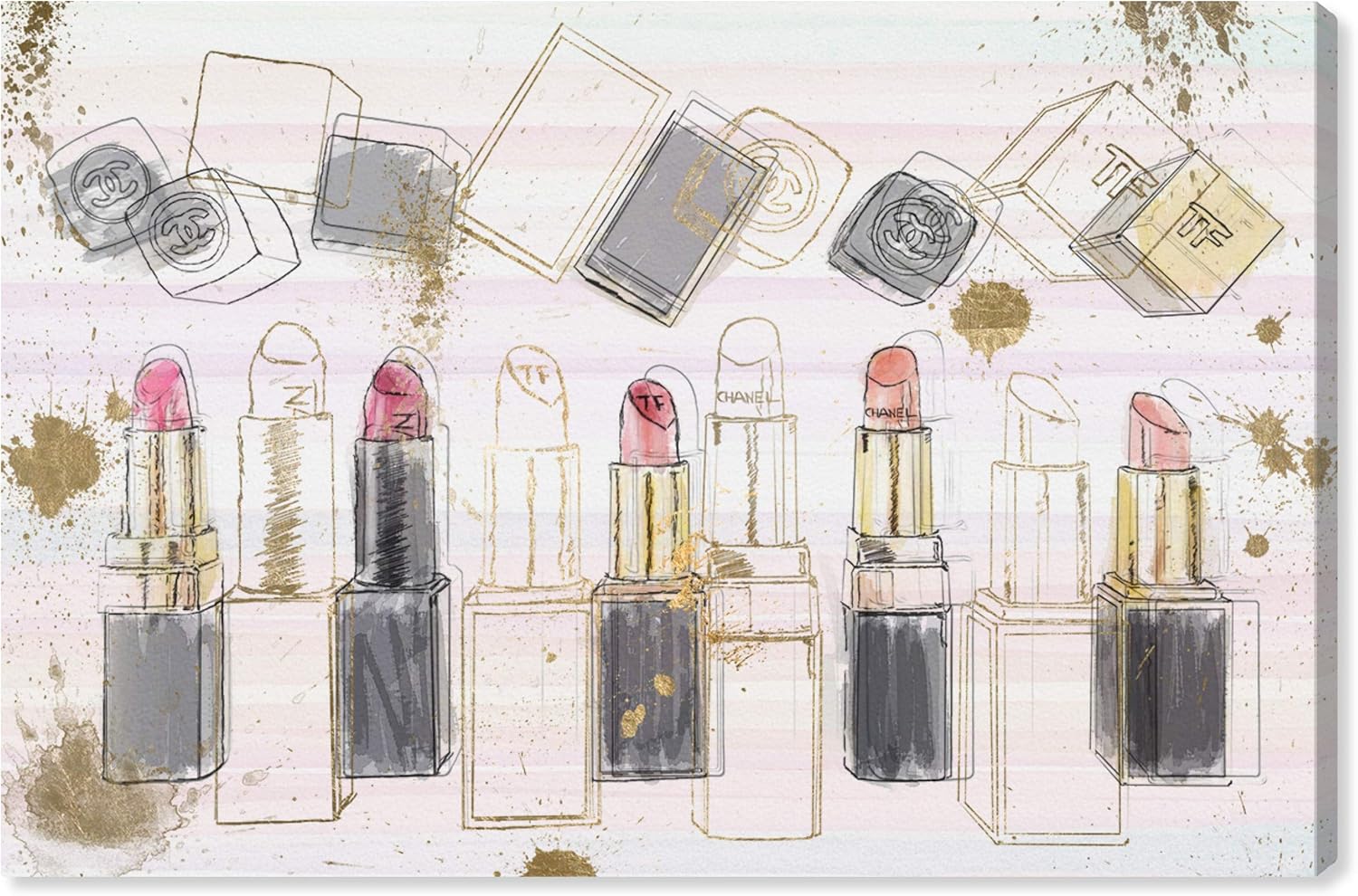 The Oliver Gal Artist Co. Fashion and Glam Wall Art Canvas Prints 'Lipstick Mania' Home Décor, 45" x 30", Gold, Pink