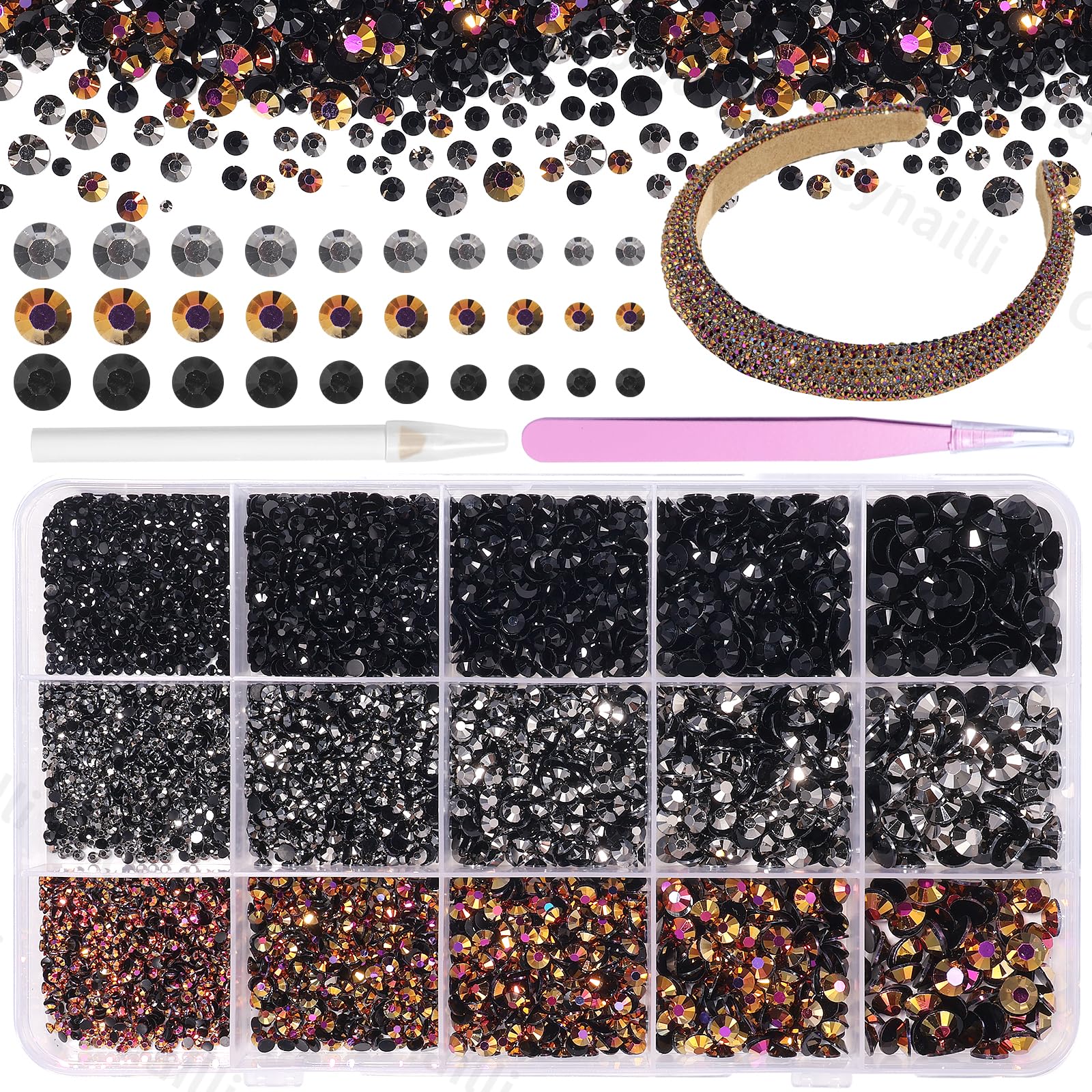 Photo 1 of 15000 Pcs Resin Rhinestones for Crafts, Black Gold Brown Flatback Resin Rhinestones for Bedazzling Gems 2/3/4/5/6mm Flatback Gems Jewels for DIY Mugs Tumblers Bottles Clothing Shoes Nail Art