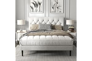 HAOARA Full Size Platform Bed Frame with Upholstered Button Tufted Headboard, Mattress Foundation with Wooden Slat Support, Noise Free, No Box Spring Needed, Easy Assembly, Light Grey