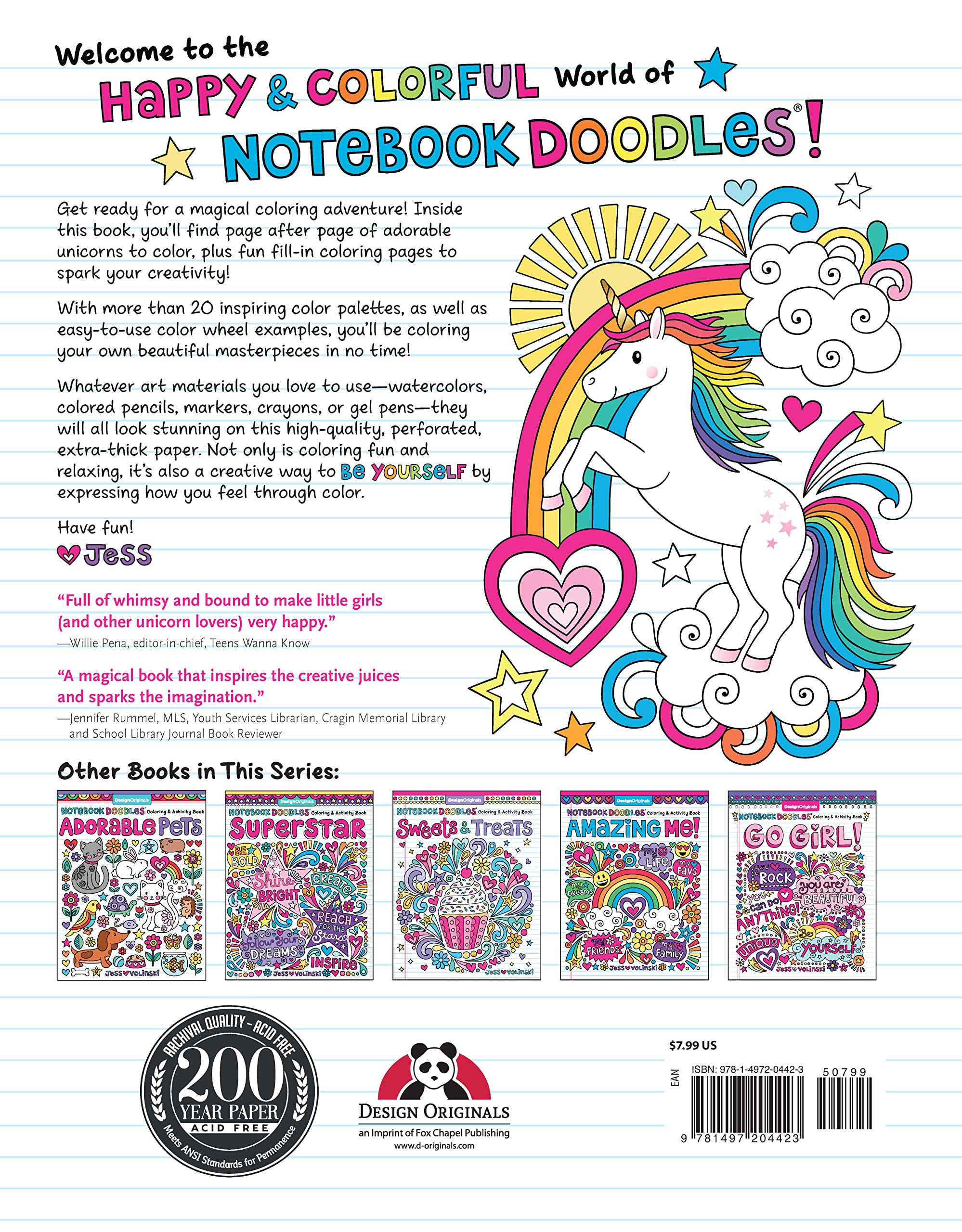 Notebook Doodles Unicorns (Design Originals) Encouraging Coloring Book with 32 Whimsical Designs & Beginner-Friendly Art Activities to Boost Self-Esteem in Tweens, on High-Quality Perforated Paper