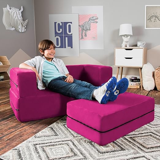 Jaxx Zipline Kids Loveseat Flip Open Lounger Large Ottoman Big Kids Edition Fuchsia
