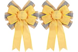 HONGSOME 2 PCS Spring Summer Wreath Bow Decor,Decorative Bow with Yellow Burlap and Black White Stripe Ribbon for Holiday Tree Topper Home Front Door Outdoor
