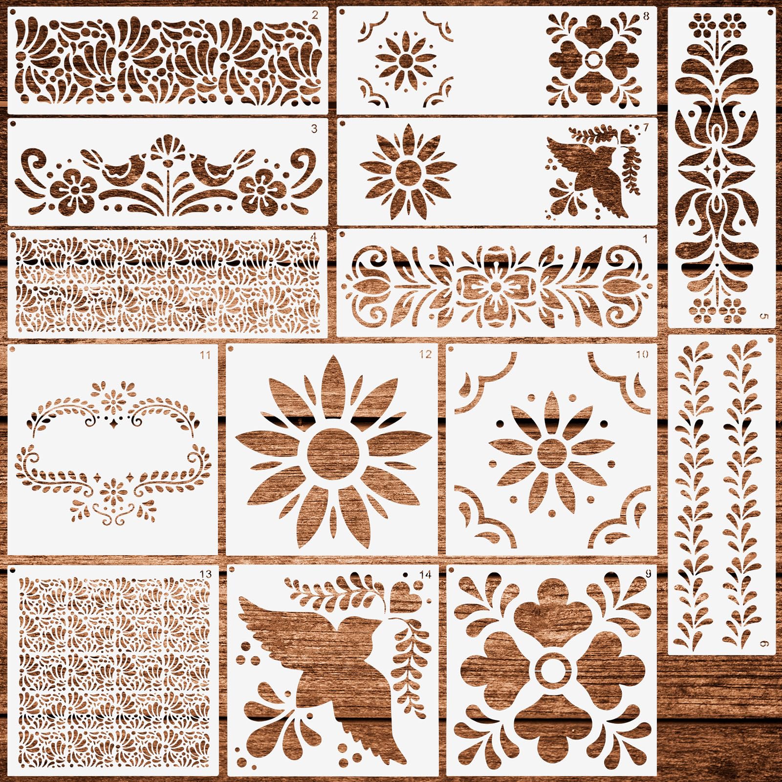 Photo 1 of 14 Pcs Talavera Stencils for Crafts, Resuable Cake Stencils,Mexican Floral Stencil for Furniture Wood Wall Canvas Floor, Border Stencil for Painting Fabric DIY Projects Christmas