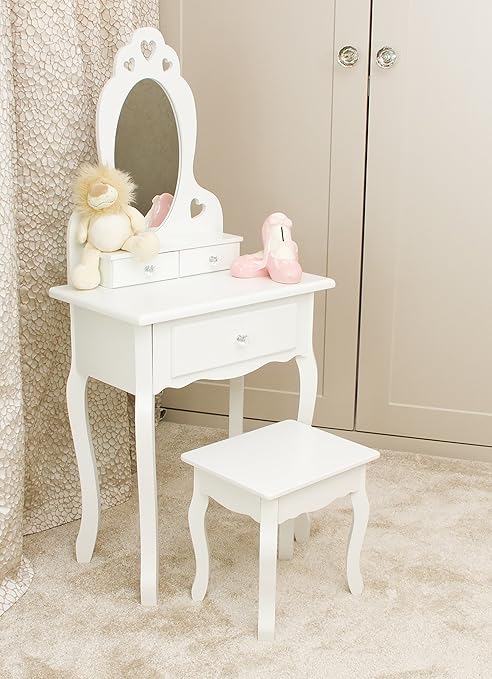 Mädchen Schminktisch Weiß mit Spiegel & Hocker für Kinder | Kleiner Kindertisch, Ideal für Mädchen 3-7 Jahre | Spiegeltisch, 