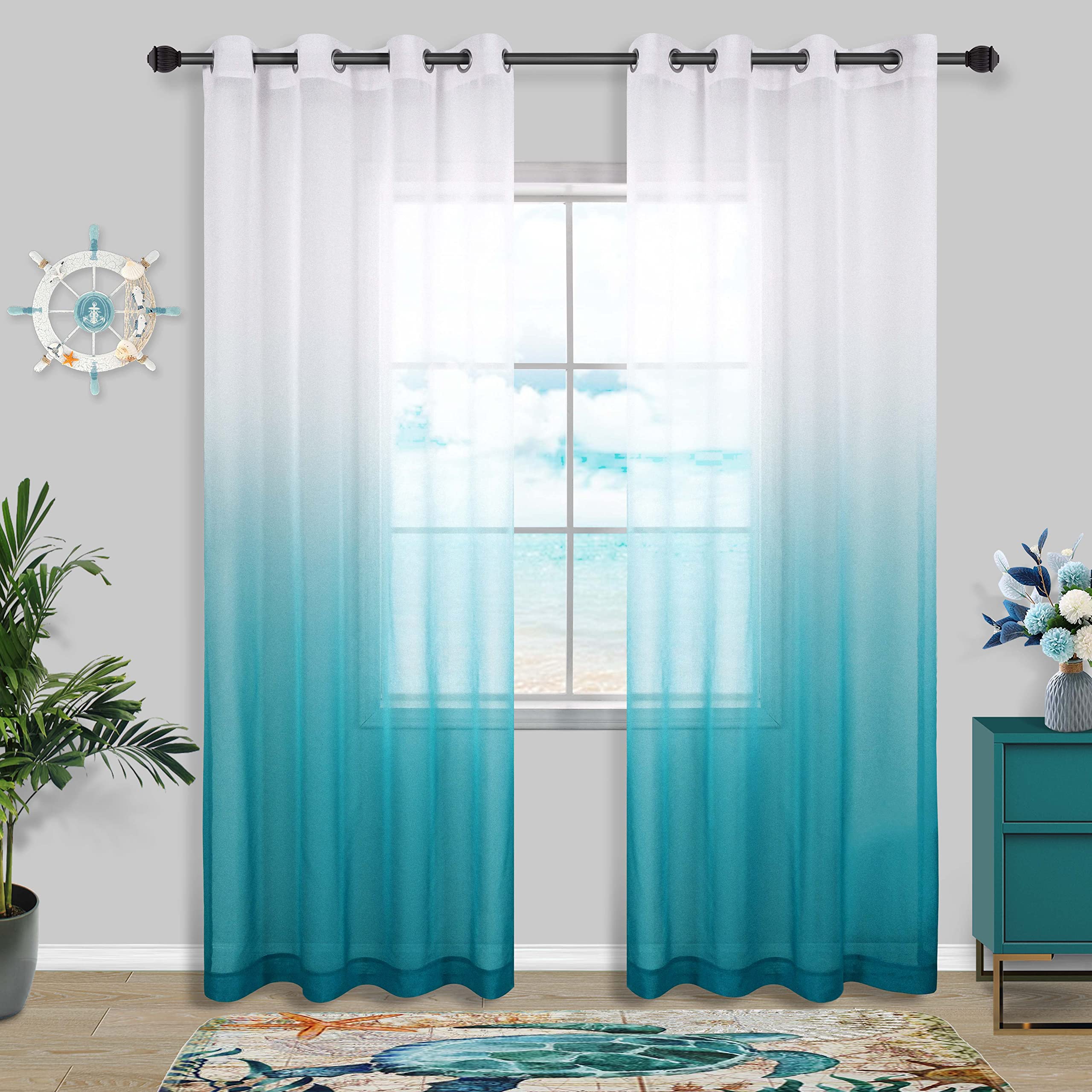 Teal Curtains 84 Inch Length for Bedroom Decor Pair Set 2 Panels Ombre Aqua Blue Turquoise Gradient Grommet Semi Drapes Transparent Window Sheer Beach Curtains for Living Room Girls Dining 52x84 Long