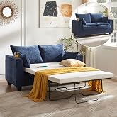 Brelice Pull Out Sofa Bed, Sleeper Sofa Couch, 2-in-1 Convertible Chenille Loveseat with USB Charging Port and Memory Foam Mattress, Full Size Pullout Bed for Living Room, Apartment or Office, Blue