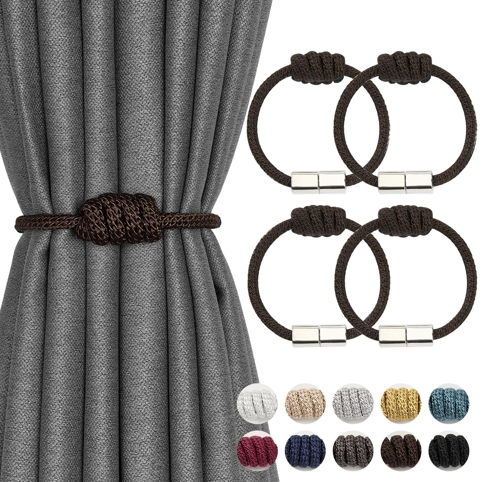 Pretty Jolly 4 Pack Mini Magnetic Curtain Tiebacks Modern Simple Style Drape Tie Backs Elegant Hand Weave Rope Knot Decorative Curtain Holdbacks for Home & Office Window Drapery (Black)