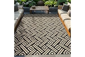 ROCYJULIN Outdoor Rug 8x10 Patio Waterproof, Outdoor Plastic Straw Rug, Outdoor Carpet for Camping, Deck, Rv, Balcony, Porch, Backyard, Reversible Outdoor Area Rug, Black and Beige