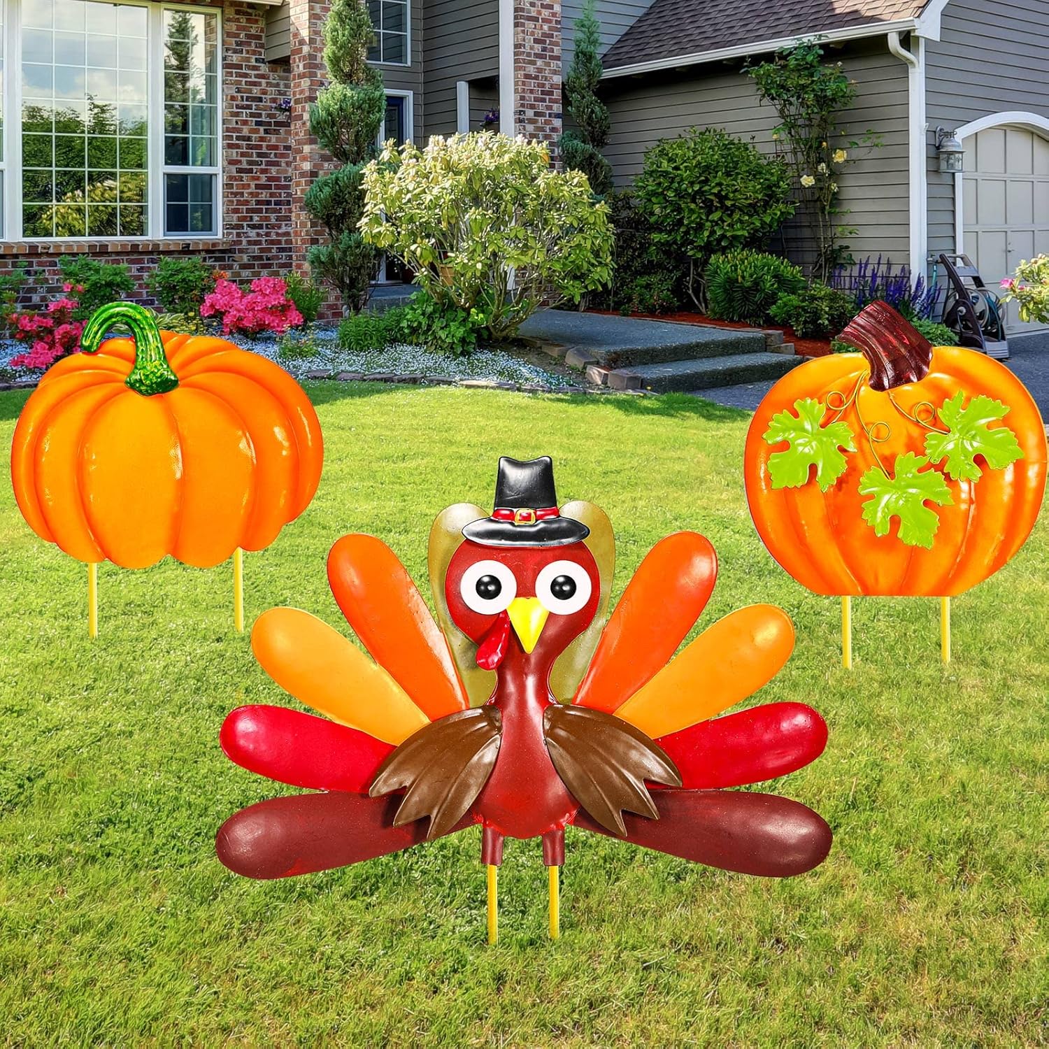 Yard Signs - 3 Pieces Thanksgiving Pumpkin Turkey Decors 36 Inch Fall Metal Pumpkin Turkey Yard Stakes Harvest Autumn Garden Sign Happy Thanksgiving Yard Ornaments for Outdoor Lawn Pathway Patio
