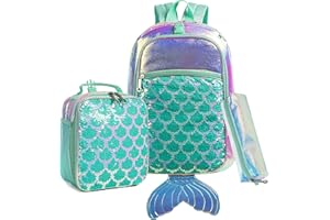 Meetbelify Backpack for Girls Mermaid Magic Sequin School Bag with Lunch Box Girls Backpack Set for Elementary Preschool Bookbag