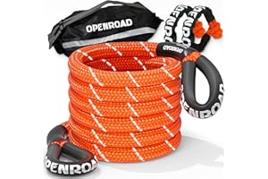 OPENROAD 1" x 30ft Kinetic Recovery Rope Kit (Reflective) – 36,000 lbs Heavy Duty Tow & Snatch Strap with Soft Shackle, 35% E