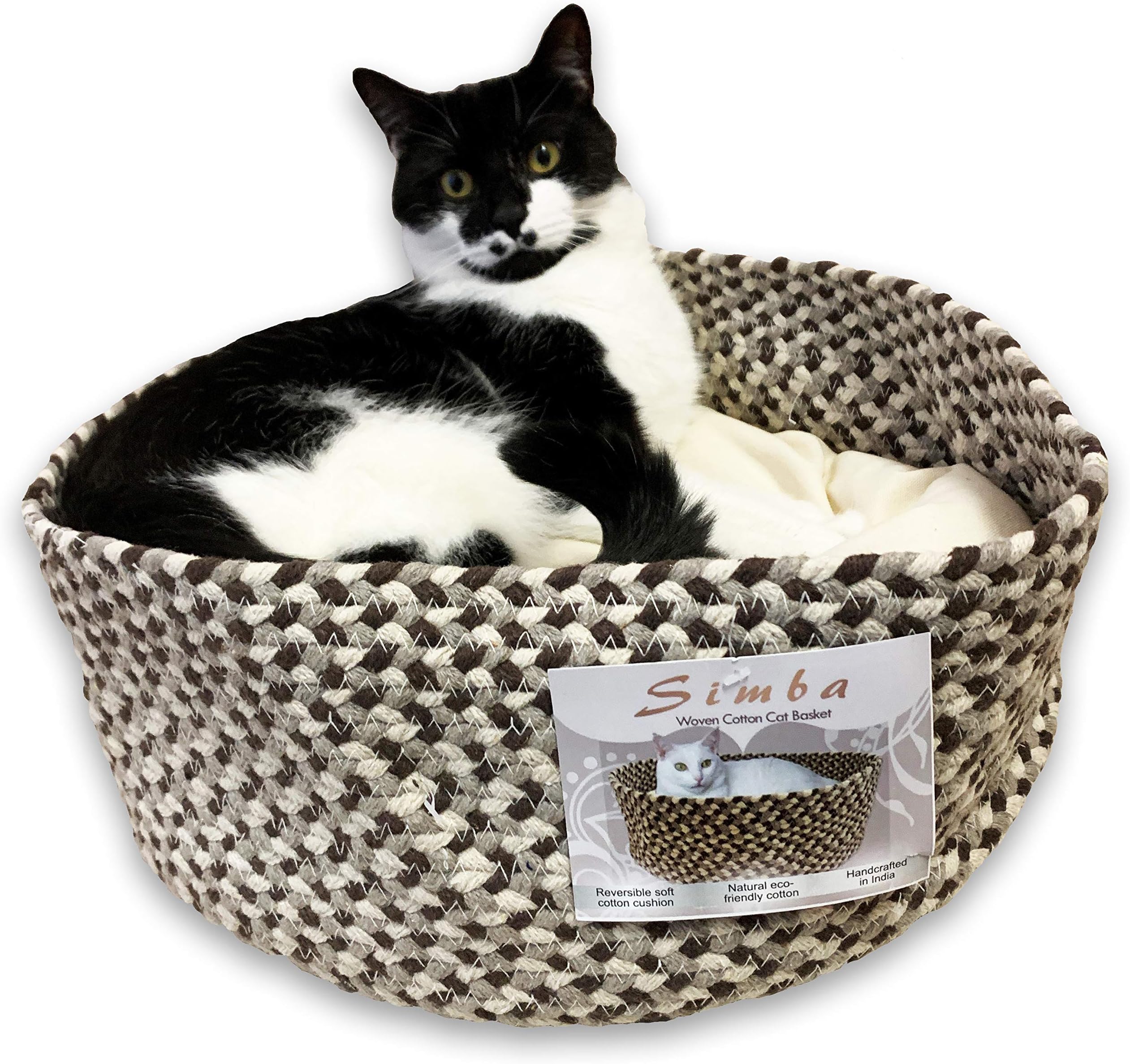Pet Impulse Simba Woven Cotton Cat Bed with Reversible Soft Removable Cotton Cushion (Brown and Ivory)