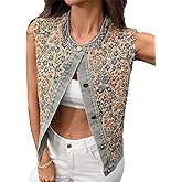Sdipipo Womens Vintage Floral Denim Vest Trendy Round Neck Button Down Jean Vest Sleeveless Casual Layered Waistcoat
