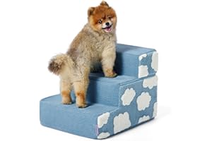 LE SURE Lesure Dog Stairs for Small Dogs 13.5" H 3-Step Foam Pet Steps Foldable for Bed Couch and Sofa Chairs Jacquard Shaggy Plush for Cats with Supporting Board and Non-Slip Bottom, Light Blue