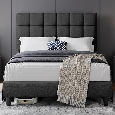 Yaheetech 4ft6 Double Bed Frame Upholstered Headboard Dark Grey