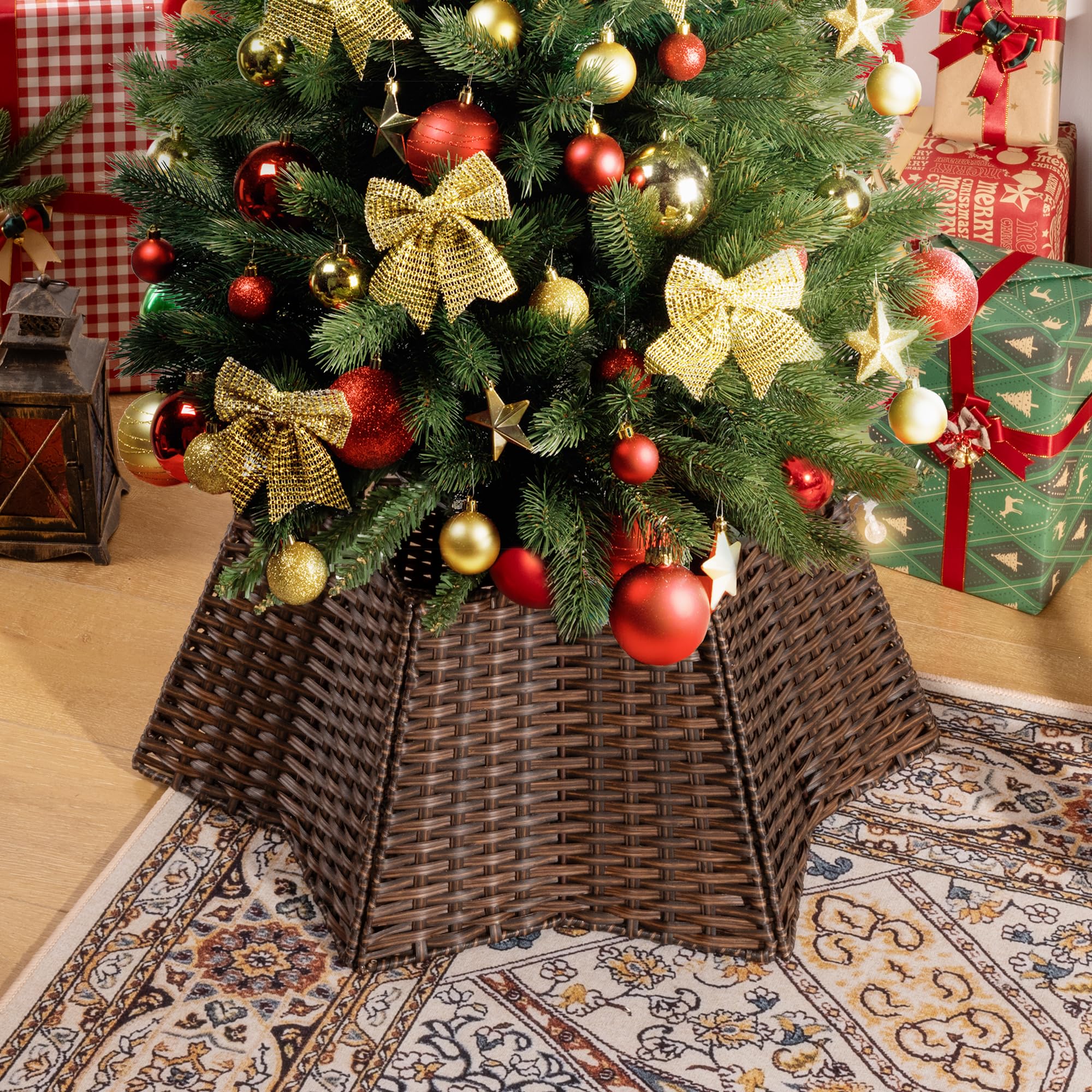 GRANNY SAYS Tree Collar for 7.5ft Tree, Christmas Wicker Tree Collar, 24" D Christmas Tree Skirts, Decorarive Tree Stand for Champagne Tree, Woven Basket for Bottom of Christmas Tree