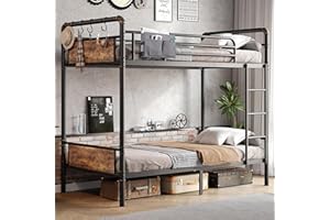 Jocoevol Metal Bunk Bed Twin Over Twin, Industrial Bunkbeds Heavy Duty Bed with Safety Guard Rails and Space-Saving Design, Steel Bed for School, Bedroom (Vintage Brown)