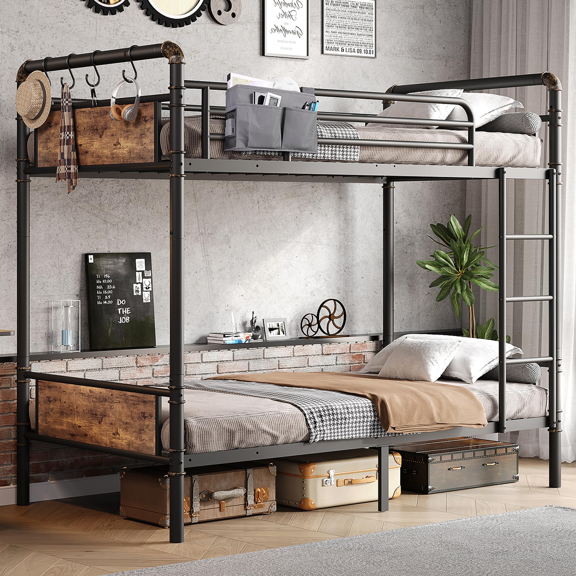 Photo 1 of Jocoevol Metal Bunk Bed Twin Over Twin, Industrial Bunkbeds Heavy Duty Bed with Safety Guard Rails and Space-Saving Design, Steel Bed for School, Bedroom (Vintage Brown)