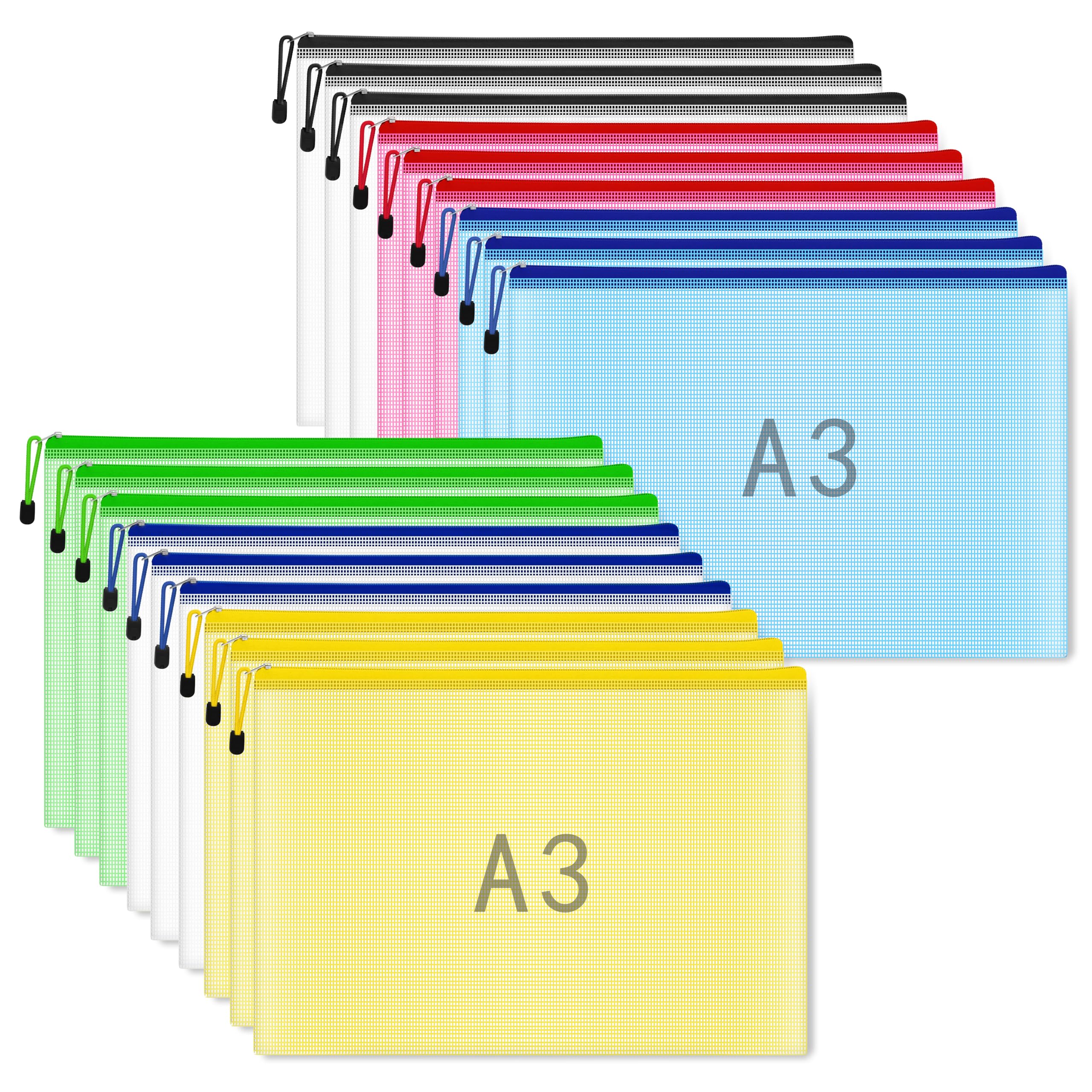A3 Zip Wallets A3 Folders Plastic Wallets Ziplock Bags Zipper Bag Mesh Zip Folder - 18PCS