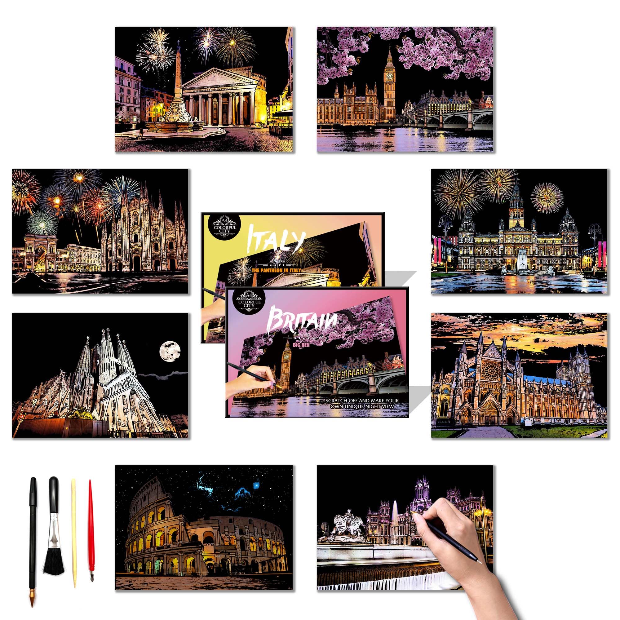 DESINIK Scratch Painting Art Paper - Scratch Art for Adults & Teens: Premium DIY Craft Kit with Tools - Creative Adult& Teens Crafts for Home Decor & Stress Relief（Europe Series II） A4 — image 1