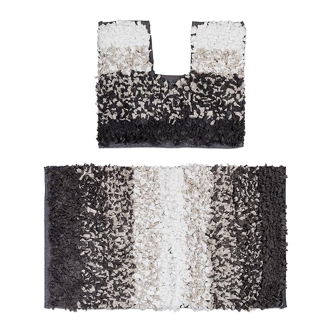 Relaxdays Badgarnitur 2teilig im Paper Shaggy-Design, Für Fußbodenheizung, Waschbar, Badematte und WC-Vorleger, Für Stand-WC,