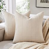 ZeeMart Linen Checked Throw Pillow Covers Set of 2, 22x22 Inch Allover Grid Beige, Farmhouse Decorative Double Sided Grid Embroidered Couch Pillow Cases Beige Cotton Linen Cushion Covers 