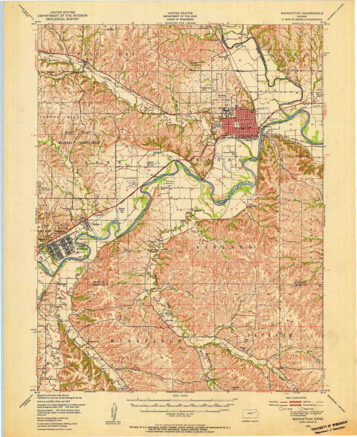 YellowMaps Manhattan KS topo map, 1:62500 Scale, 15 X 15 Minute, Historical, 1947, Updated 1954, 20.85 x 17.02 in
