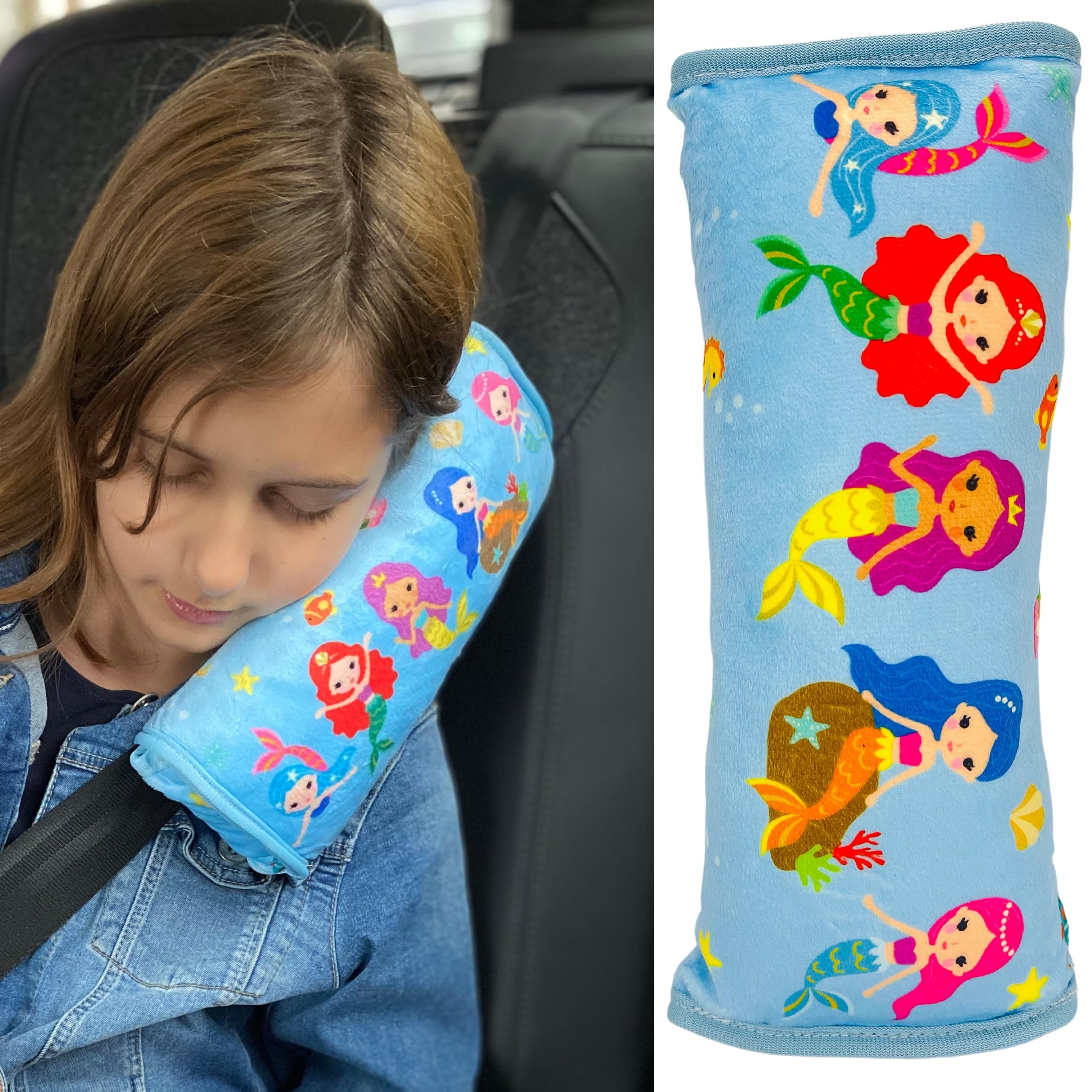 HECKBO Mermaid car Seatbelt Pillow for Children - Machine Washable - Girl boy Kids Children Soft car seat Belt Cover Sleeping Pillows Protection car Travel Pillow Cushion Vacation