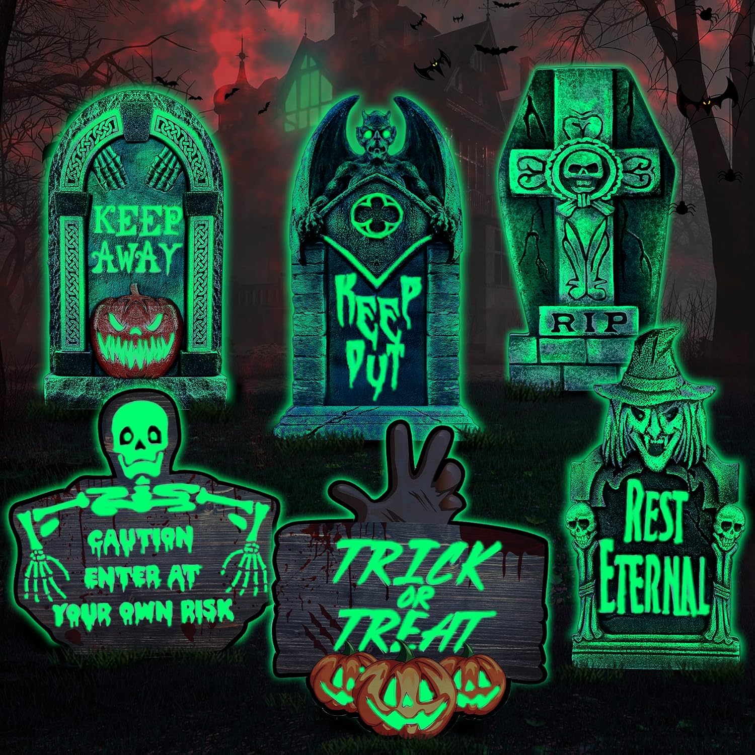 Decorative Garden Stakes - 17'' Fluorescence Halloween RIP Tombstones | 6 Tombstones Halloween Decor & 12 Fix Stakes Large Halloween Graveyard Decorations Water-windproof Halloween Decorations Outdoor Halloween Yard Signs