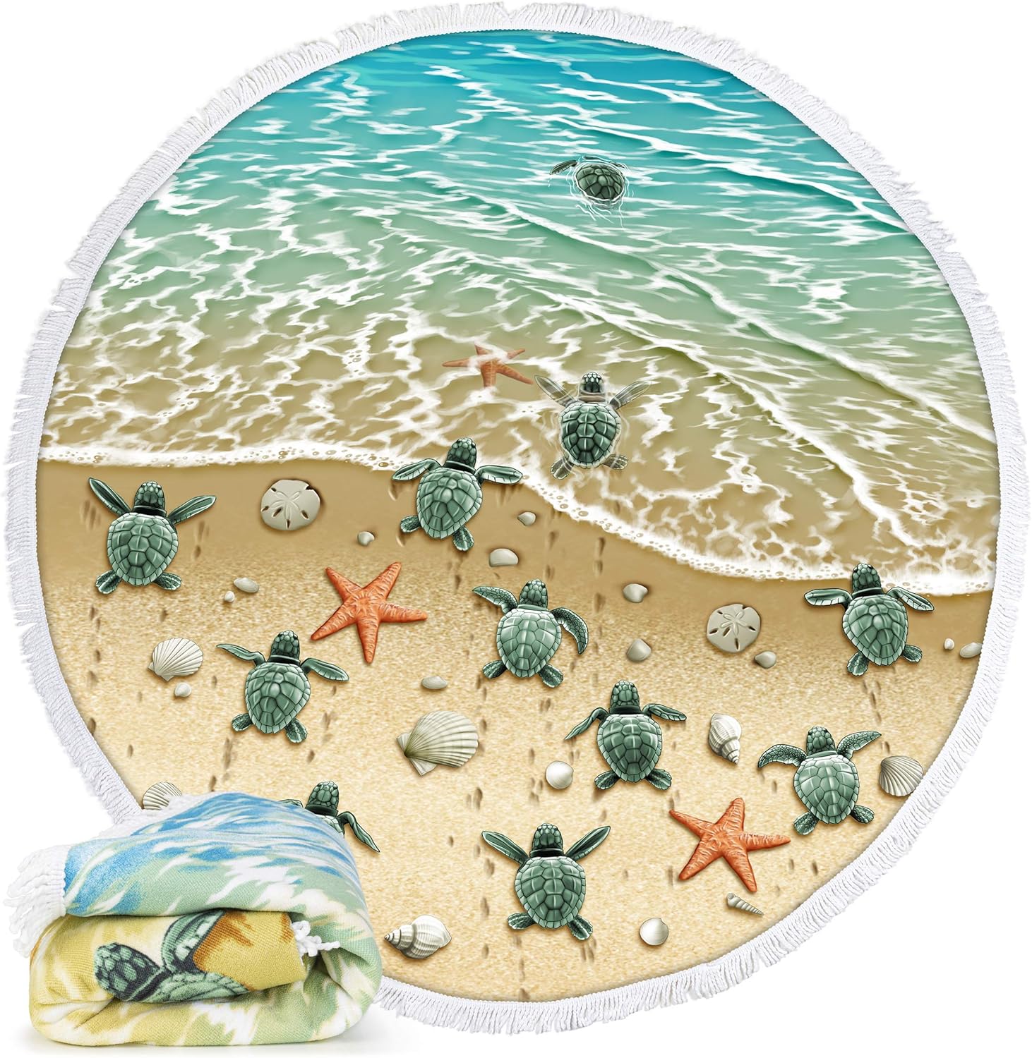Dawhud Direct Microfiber Round Beach Towel Blanket, 60" D with Fringe (Turtles on The Beach)