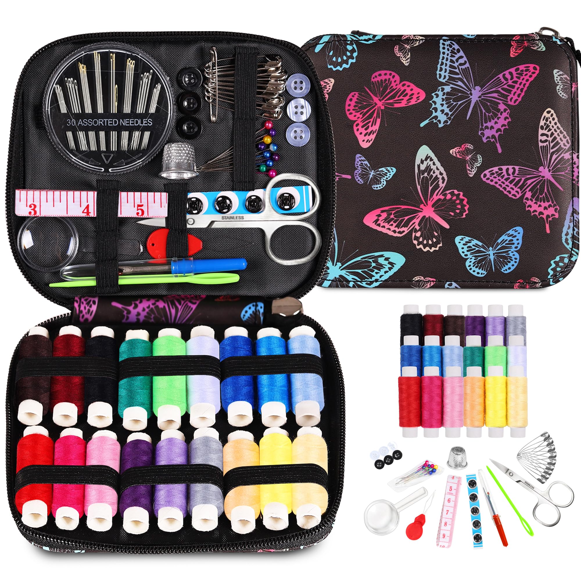 Sewing Kit for Adults Needle and Thread Kit for Sewing with Butterfly Zipper Case 18 Color Threads Portable Basic Hand Sewing Repair Kits for Beginners Traveler Emergency DIY Quick Fix