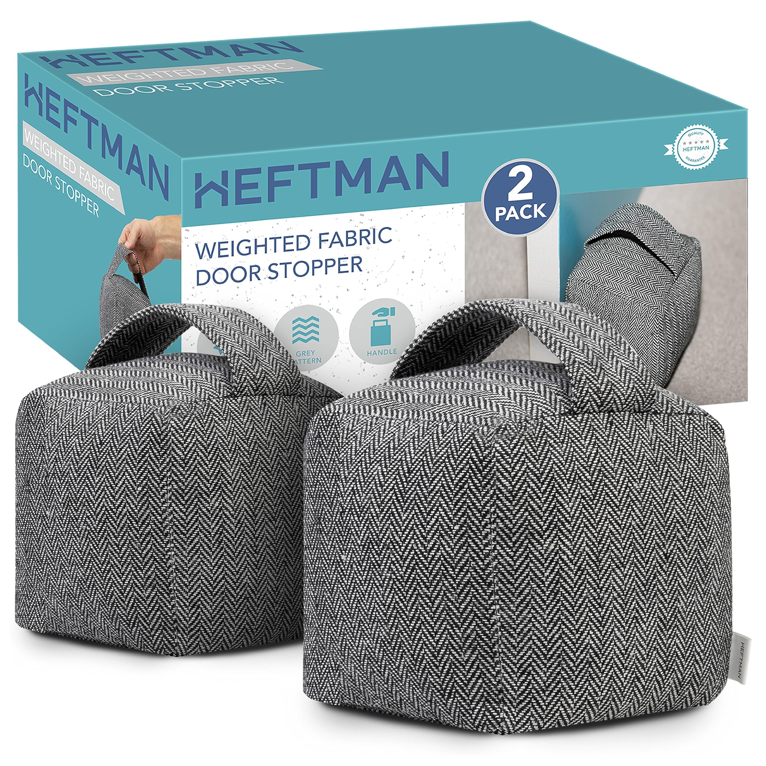 HEFTMAN Fabric Door Stop Heavy - Grey Pattern with Handle, Homely & Decorative Weighted Door Stop, Interior Doorstop Stopper for Home Decor - Pack of 2 Fabric Door Stops (1kg Each)