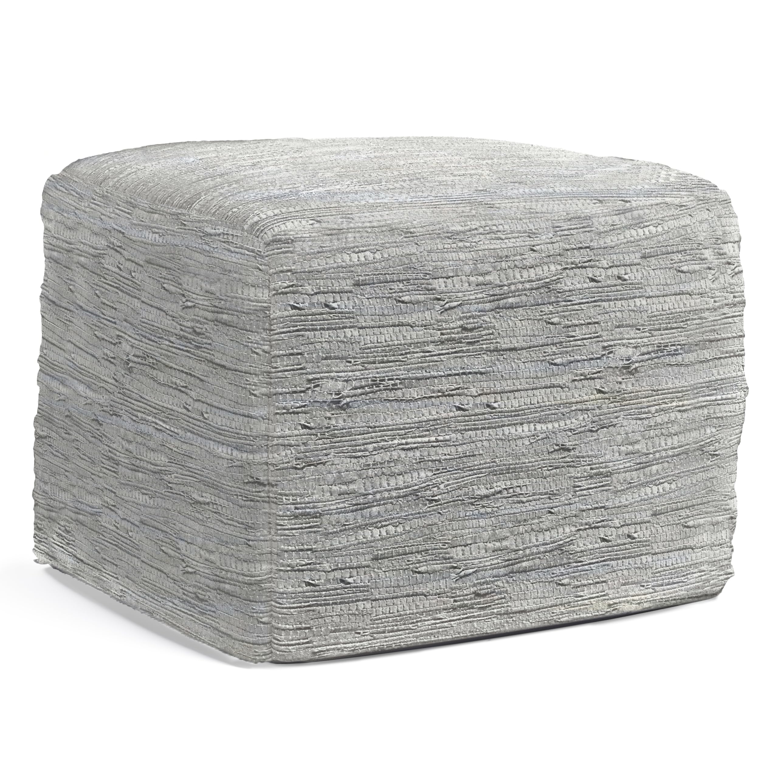 SIMPLIHOME Fredrik Boho Square Pouf in Cream Woven Genuine Leather for the Living Room, Bedroom and Kids Room