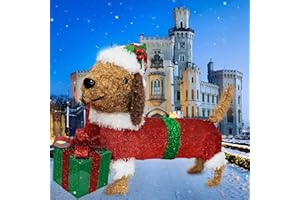 VIKIMORA 28" Long Christmas Dog Decoration with Lights,Xmas Dachshund with Hat Take a Gift Box, Weiner Dog Lighted up for Indoor Outdood Home Garden Party Yard Porch Under Christmas Tree Holiday Addition