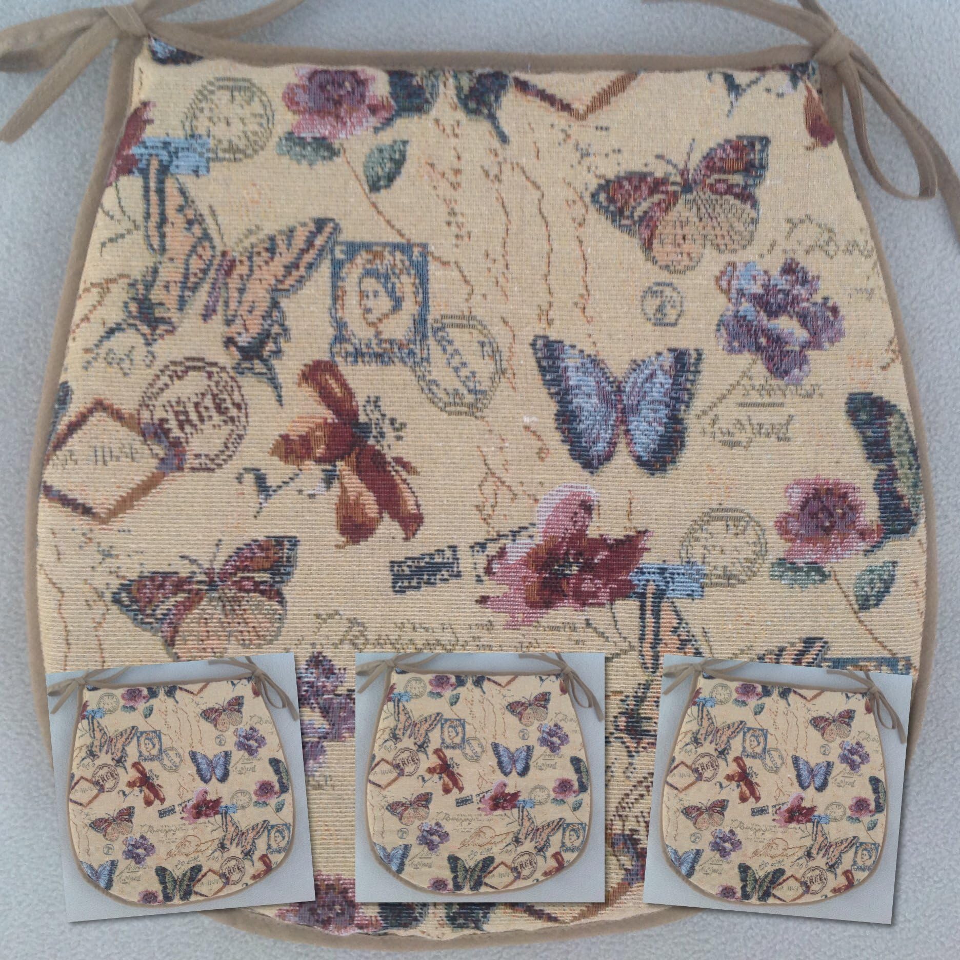 SET OF 4 BUTTERFLY PATTERN TIE ON CHAIR SEAT PADS (For Seats Approx.14" Wide X 14" Deep)