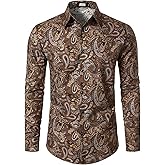 JOGAL Mens 70s Floral Dress Shirt Long Sleeve Printed Casual Button Down Shirts
