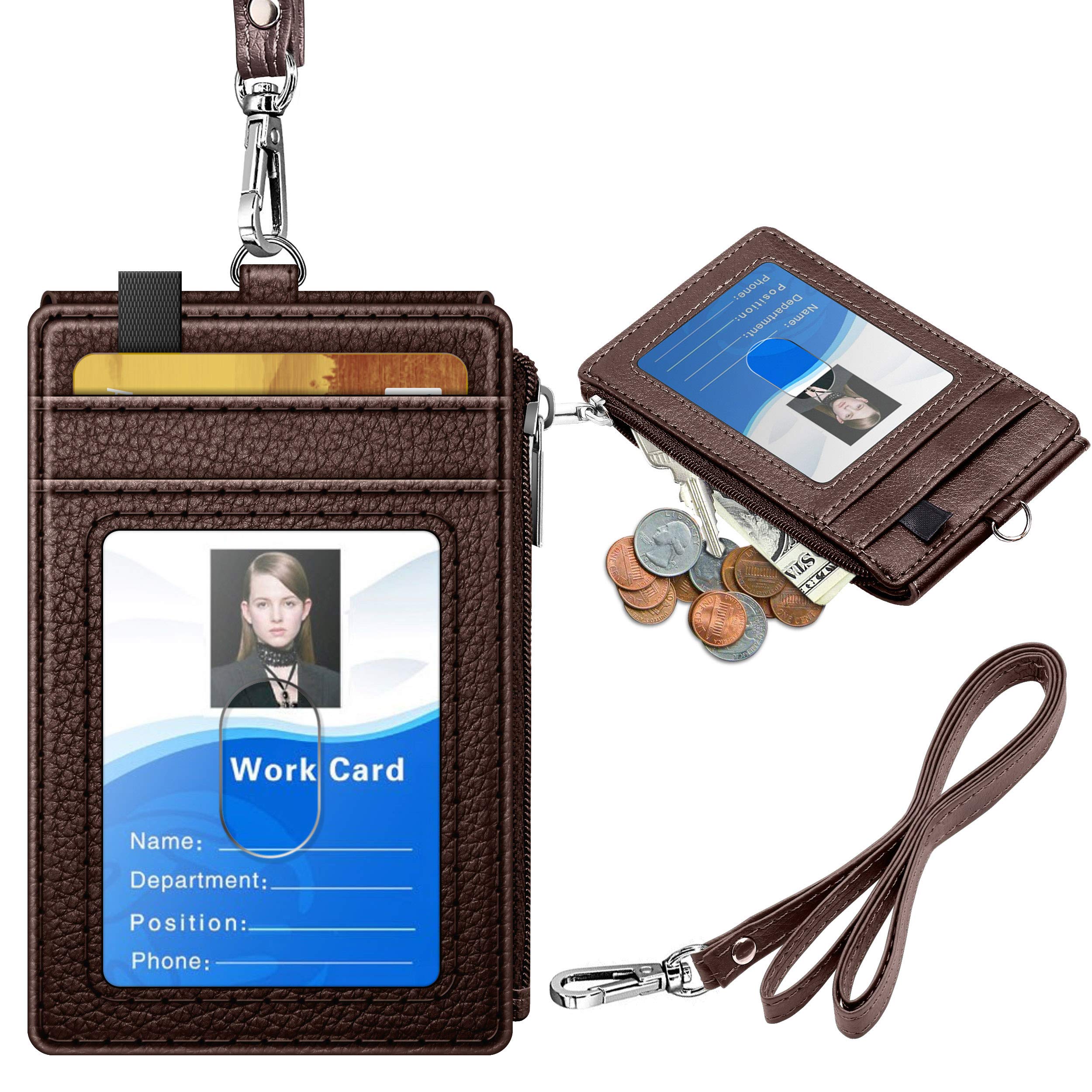 Badge Holder with Zipper, ELV PU Leather ID Badge Card Holder Wallet with 5 Card Slots, 1 Side RFID Blocking Pocket and 20" Neck Lanyard / Strap for Offices ID, School ID, Driver Licence (BROWN)