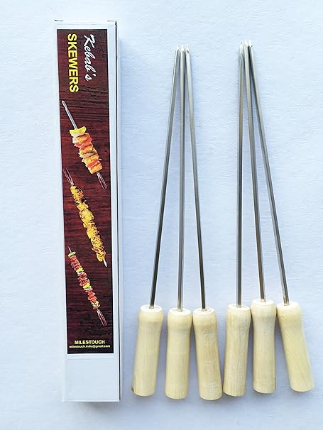 Milestouch - 6 Pcs Stainless Steel Skewers Wood Handle For Tandoor / Grilling - Barbeque -14.5 Inches- 6 Skewers