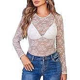 Avidlove Lace Mesh Top for Women Long Sleeve Crew Neck Sheer Blouse See Through Floral Lace Tops