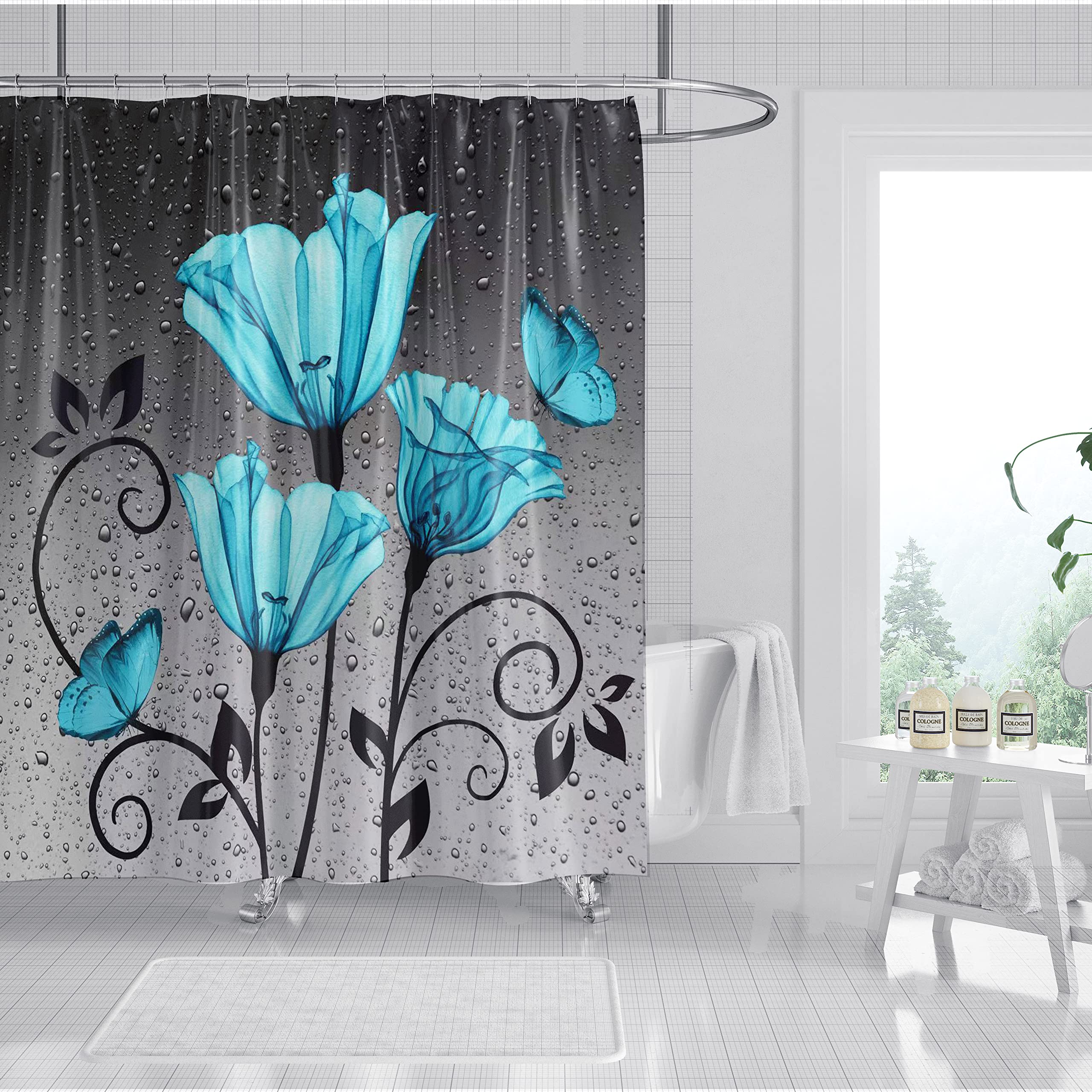 Floral Shower Curtain,Gray Rose Shower Curtain Sets with 12 Hooks,Blue Green Flower Waterproof Fabric Shower Curtains 180 x 180 cm