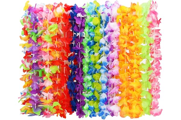 Arrowom 24pcs Hawaiian Leis Bulk Luau Party Silk Flower Necklace Colorful Tropical Hawaiian Bulk Hula Dance Party Decor Flower Leis Summer Beach Pool Party Decorations Favors Supplies
