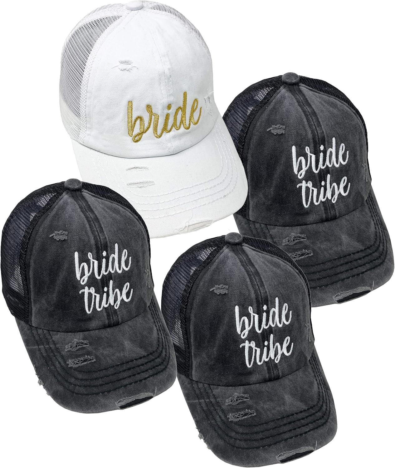 Funky Junque Dad Hat Ponytail Messy Bun Trucker Ponycap (Distressed Black w/Criss Cross Back) at  Women’s Clothing store