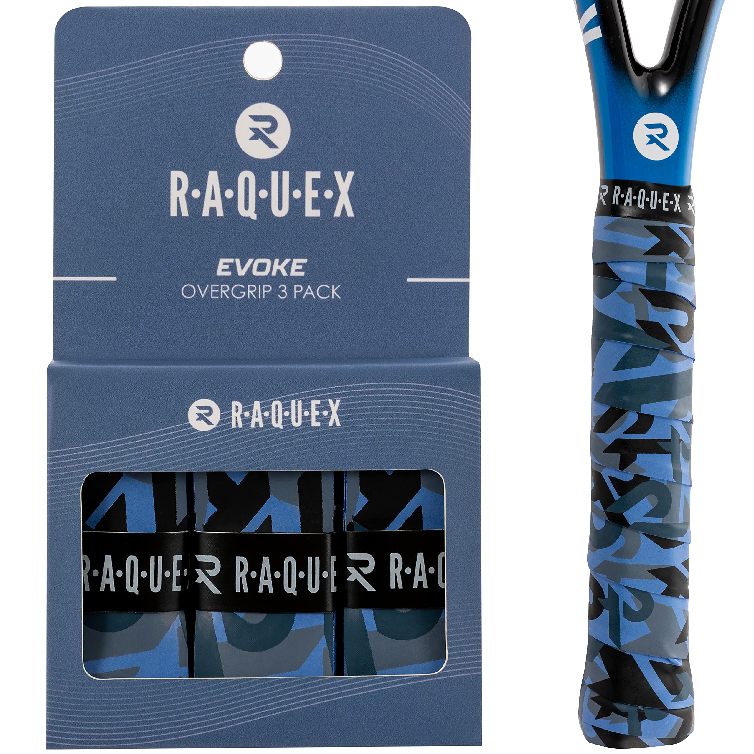 Raquex Evoke Overgrip Tape 3 Pack - Tennis Racket Grip Tapes (11 Designs) - Racquet Anti Slip Tape Overgrip for Tennis Rackets, Badminton, Squash, Padel. Finishing Tape Included