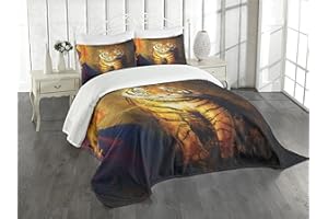 Lunarable Savannah Bedspread, Tiger on Leash Woman Walking Hand Dark Colors Oil Painting Effect Stripes, Decorative Quilted 3 Piece Coverlet Set with 2 Pillow Shams, Queen Size, Orange Apricot